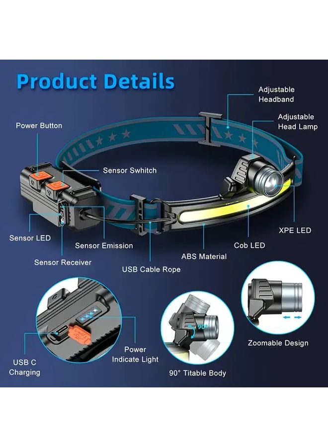 2pcs USB Rechargeable Motion Sensor LED Headlamp 6 Modes Adjustable Brightness Outdoor Work - Image 3